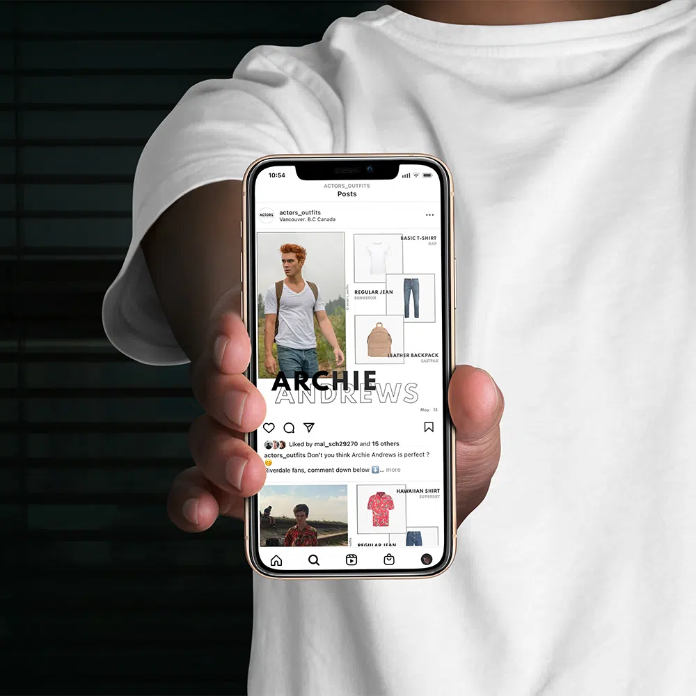 Smartphone affichant le compte instagram @actorsoutfits